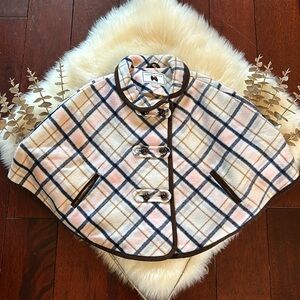 EUC toddler girls Janie and Jack winter plaid cape size 3-4 beige brown navy!